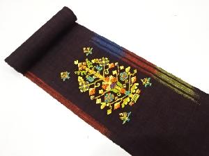 アンティーク　洛陽織物製　手織り真綿紬　花更紗模様織り出し　名古屋帯地反物